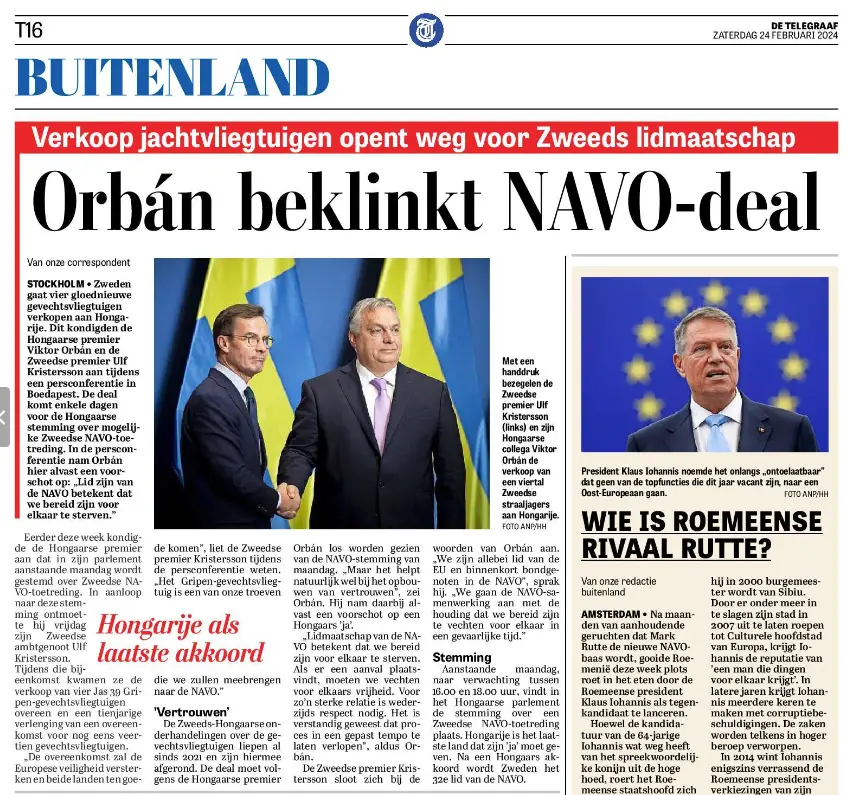 Nieuwsbericht over Zweeds-Hongaarse deal. Geschreven door freelance journalist Bas van Brecht
